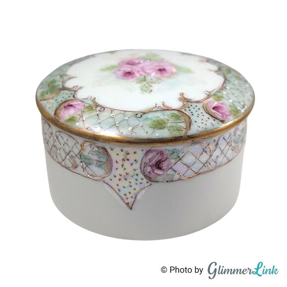 Vintage Hand Painted Porcelain Trinket Box - Roses & Gold Gilt Signed H. Bergner - Picture 3 of 11